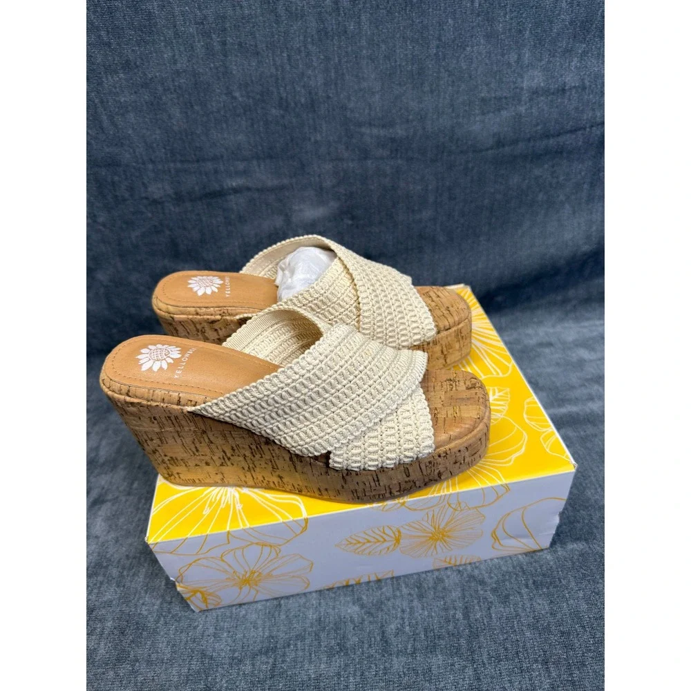 Yellow Box Halva Sandals Womens 7 Natural Woven Cork High Wedge Platform Slide
